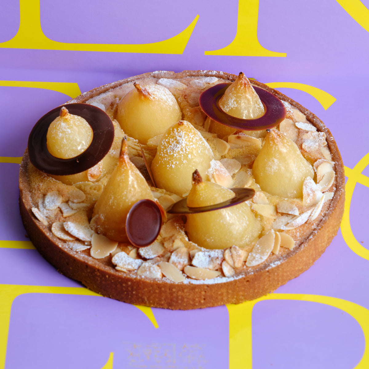 Poached pear and chocolate tart